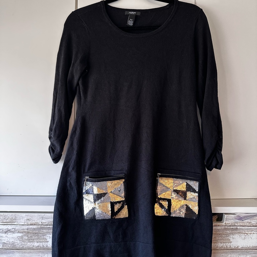✨ Alfani Petite Black Sweater Dress Sequin Zip Pockets P/P